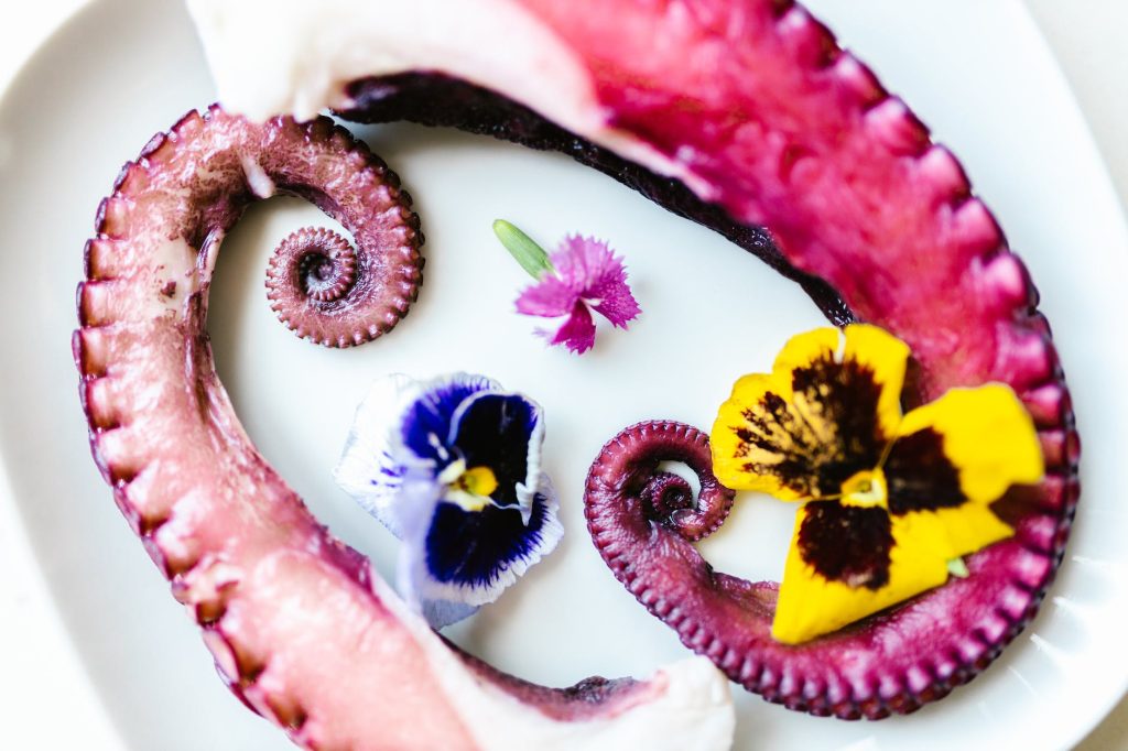 plate with octopus and edible pansies